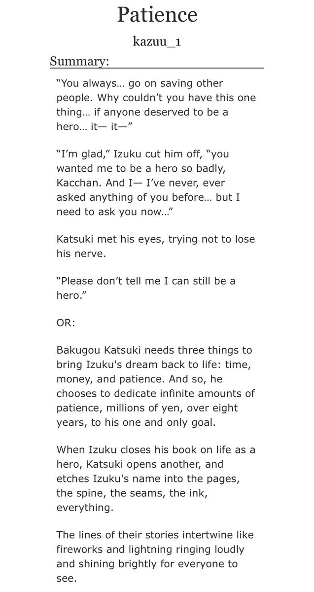 ATTENTION BKDK TWT!!!

i encourage all of y’all to read this fic called patience! it’s actually really good and i promise you will all fall in love and cry over it! 

⭐️: archiveofourown.org/works/59052379