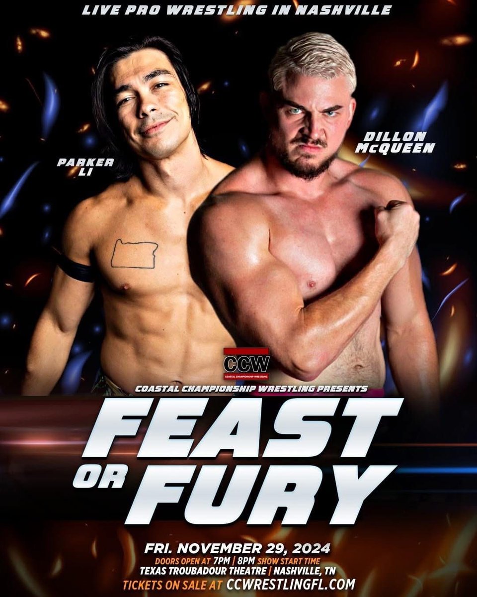 CCWAliveTV's tweet photo. 🔥 TONIGHT IN NASHVILLE 🔥
WATCH PRO WRESTLING!
CCW Feast Or Fury
8pm bell time
📍 Texas Troubadour Theater
• @TheColbyCarter v. Remolacha
• @ProParkerLi v. @DillonMcQueen
• @TylerShoop_ v. @deedubbya71
• Shawn Hoodrich v. Kaden Sade
Tix 🎟️ https://t.co/CTUvEgcbPo https://t.co/7D8MJeazKf