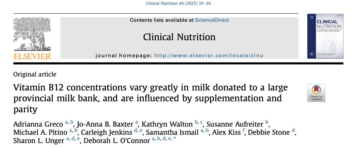 I’m excited to share that my first-author publication from my MSc is out! 🎉 We validated a new, faster machine to assess vitamin B12 in human milk *and* assessed the vitamin B12 concentrations of samples donated to a Toronto milk bank.🍼clinicalnutritionjournal.com/article/S0261-…