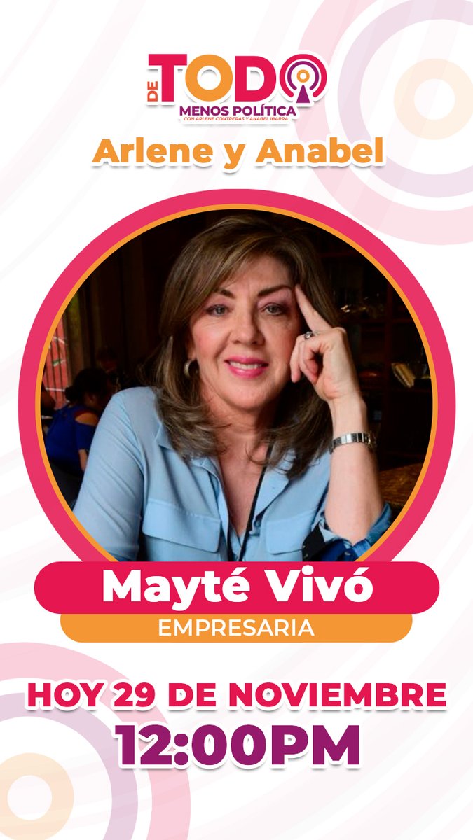 AnguloInforma's tweet photo. 🟣🔴¡Hoy arrancamos con #DeTodoMenosDePolítica.
Los esperamos 12:00 hrs.
Con @arlncontreras y @anabelibarrab.
Invitada la empresaria Mayté Vivó.
#TMDP https://t.co/JtP9TiZjvZ