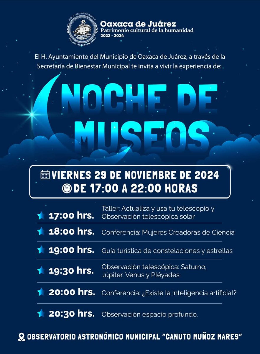 ¡No te pierdas la Noche de Museos este 29 de noviembre en el Observatorio Astronómico Municipal!  Habrá talleres, conferencias y observación del cielo te esperan de 17:00 a 22:00 horas. 🌌

#AccionesQueTrascienden