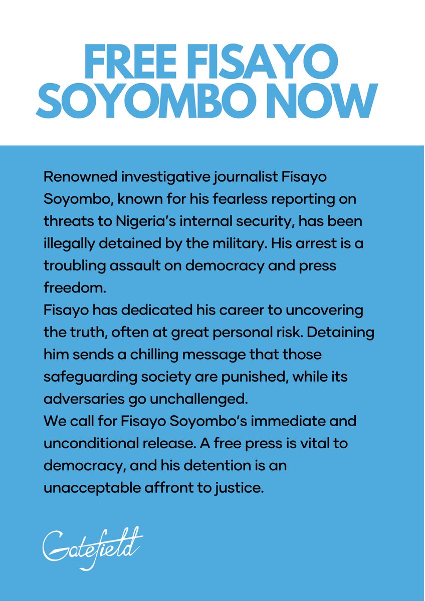 The illegal detention of Fisayo Soyombo is an attack on press freedom and democracy. He must be released immediately.

 #FreeFisayoSoyombo 
#JournalismIsNotACrime