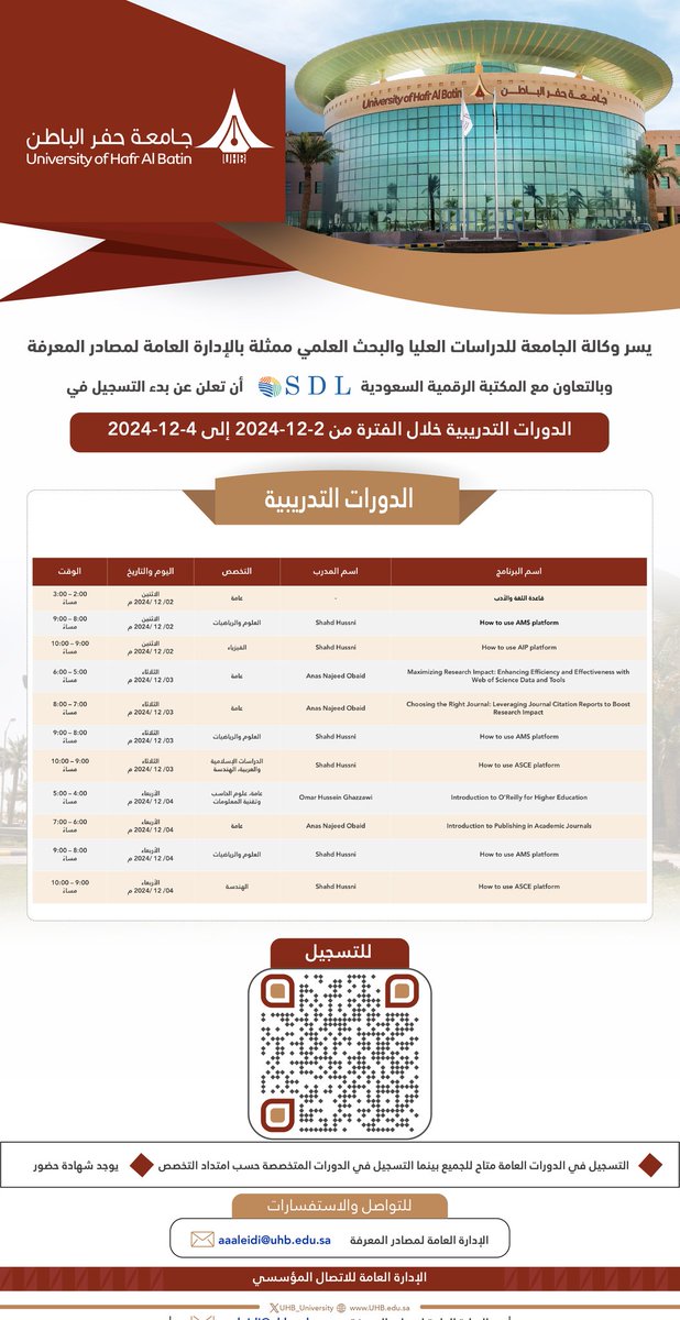 UHB_University's tweet photo. يسر #جامعة_حفر_الباطن ممثلة بالإدارة العامة لمصادر المعرفة، بالتعاون مع المكتبة الرقمية السعودية أن تعلن عن بدء التسجيل في الدورات التدريبية خلال الفترة من 2-12-2024 إلى 4-12-2024.
🔗 من خلال الرابط التالي:
https://t.co/3VcZzRZEwR https://t.co/0R7I3wqwVP