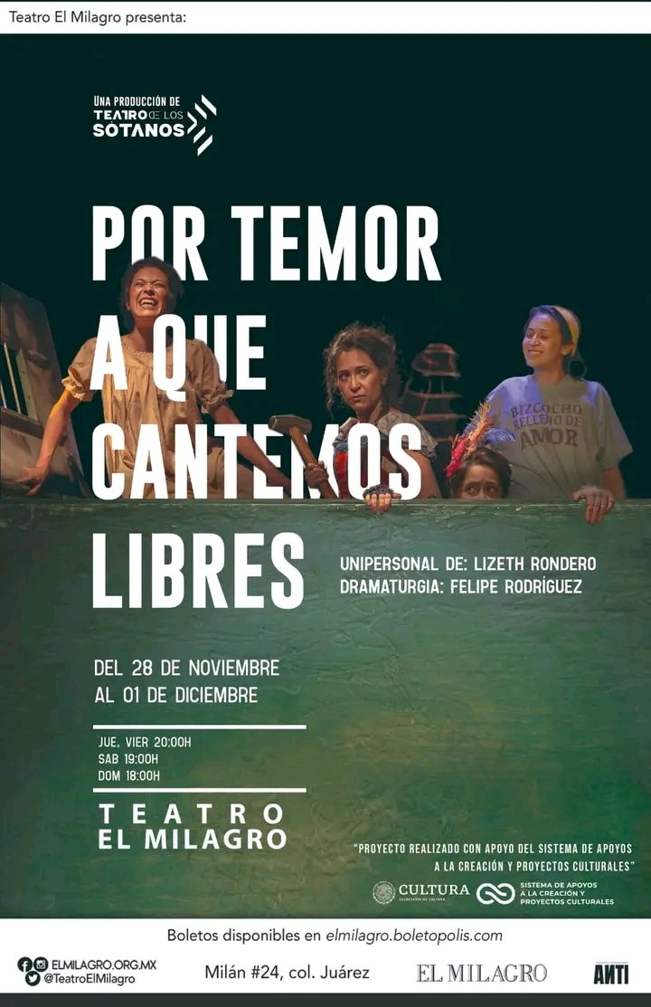 ¡Tres últimas funciones! Teatro el Milagro
Viernes 20 hrs, sábado 19 hrs y domingo 18 hrs. 

3 pases para cada función 

Solo da rt y cuéntanos cómo cantas tu libertad...