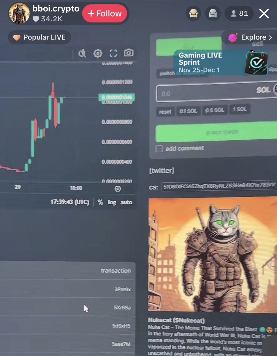 MemeCoin_Promo's tweet photo. @NUKECAT42069 is live on TikTok!! Let’s get this to king of the hill. #memecoin #kingofthehill #SOL #memecoin1000x #coinpumps https://t.co/4kxD0MDUiF