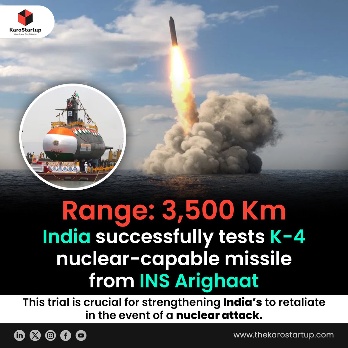 karo_startup's tweet photo. The Indian Navy successfully tested the 3,500 km-range K-4 ballistic missile from INS Arighaat, marking a major milestone in defense, boosting nuclear deterrence, and validating second-strike capability. #IndianNavy #DefenseMilestone #K4Missile #INSArighaat #NuclearDeterrence https://t.co/0T7p4G9fq9