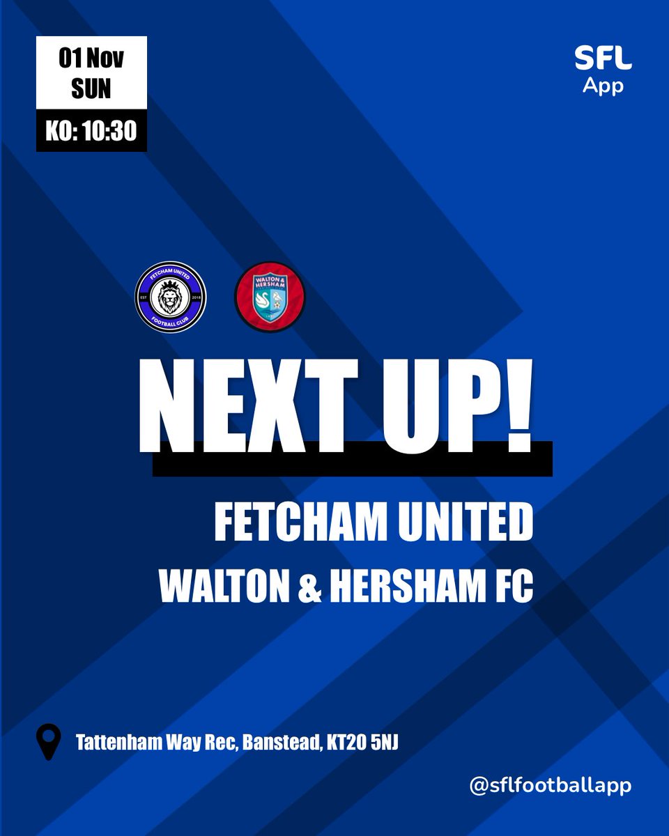 League match 9
🗓️01/12/2024 
🆚Walton &amp; Hersham (Home) 
🤝LDSFL Division 5 
📍Tattenham Way Rec, KT20 5NJ
🕥1030 KO

We lost the reverse fixture in September however 3 points is vital for us &amp; we’ll look to continue our good home form. 

UTF💙