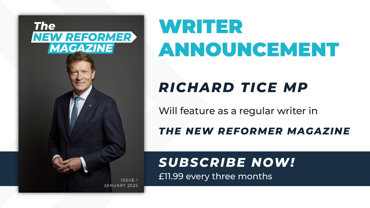 🚨 WRITER ANNOUNCEMENT

➡️ Reform UK Deputy Leader <a href="/TiceRichard/">Richard Tice MP 🇬🇧</a> MP will be writing regularly in The New Reformer Magazine!

Subscribe now to secure your copy of Issue 1 before orders close – click the link below🔗

thenewreformermagazine.myshopify.com/products/the-n…