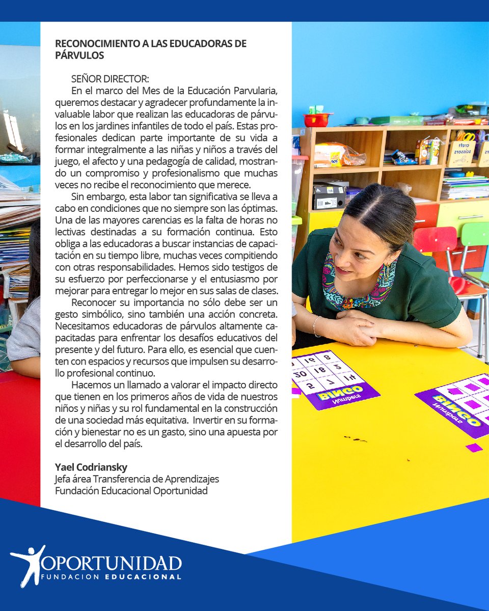 En los 160 años de educación parvularia en Chile, la jefa de nuestra área de Transferencia de Aprendizajes, Yael Codriansky, realiza en esta carta al director un reconocimiento a las educadoras de párvulos de jardines infantiles.