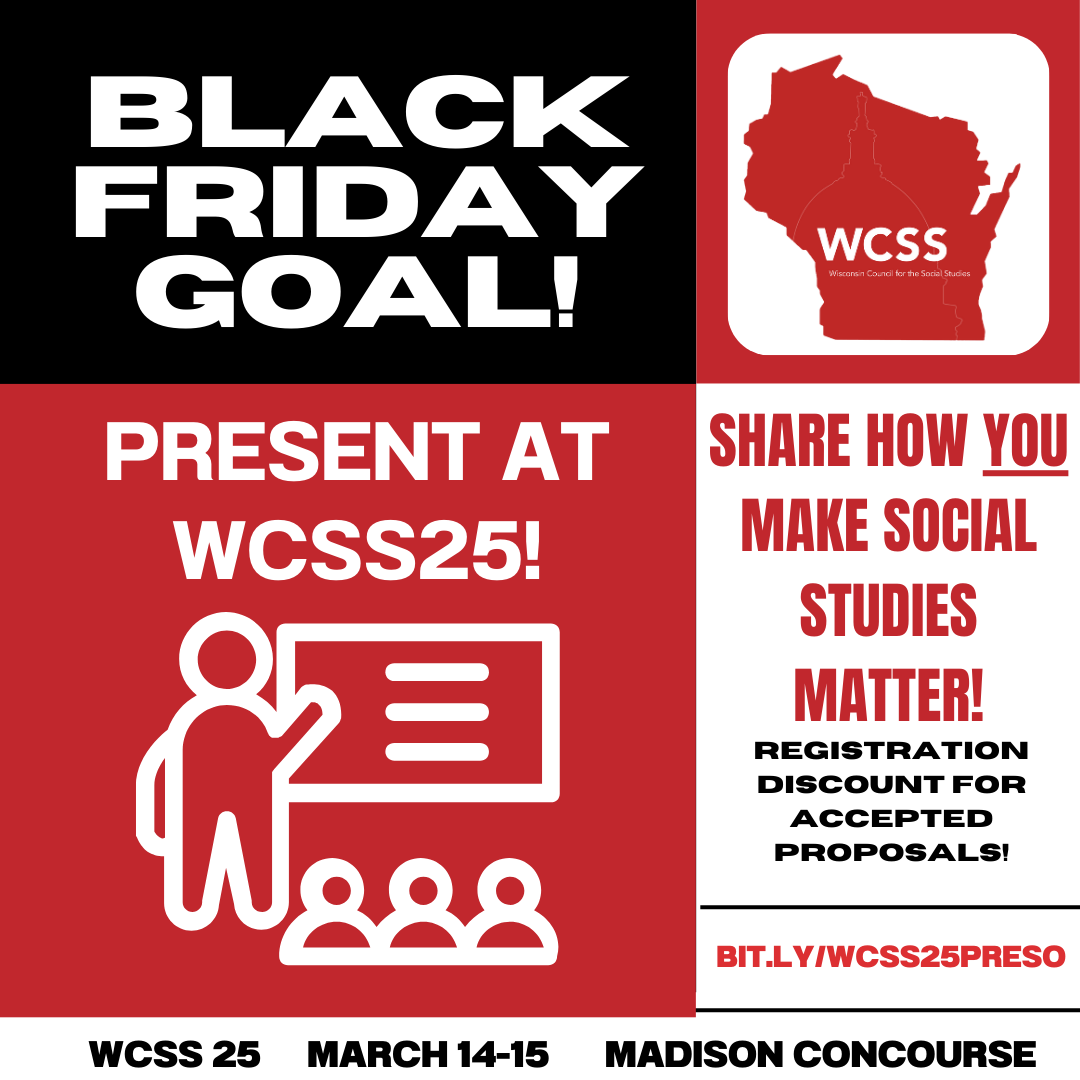 WHAT'S YOUR BIGGEST BLACK FRIDAY GOAL? Submitting your presentation proposals for #WCSS25! Accepted proposals earn a huge Black Friday (or any day) discount! Head to bit.ly/WCSS25PRESO to share how YOU make social studies matter! #sschat #NCSS2024 #educhat