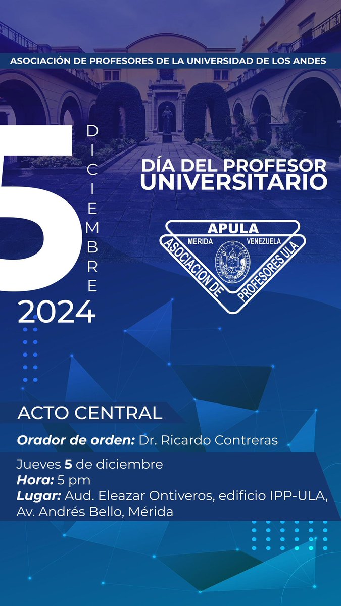 #29Nov | #Mérida | El 05.12 se conmemora el Día del Profesor Universitario

La APULA como todos los años, realizará el acto para reconocer y enaltecer nuestra labor como profesores

Se invita a toda la comunidad universitaria y merideña 

Dr. <a href="/virgiliocastill/">Virgilio Castillo B</a>
Presidente APULA