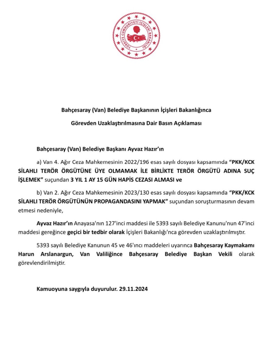 Van Bahçesaray Belediyesine Bahçesaray Kaymakamı Harun Arslanargun, Van Valiliğince Bahçesaray Belediye Başkan Vekili olarak görevlendirildi.