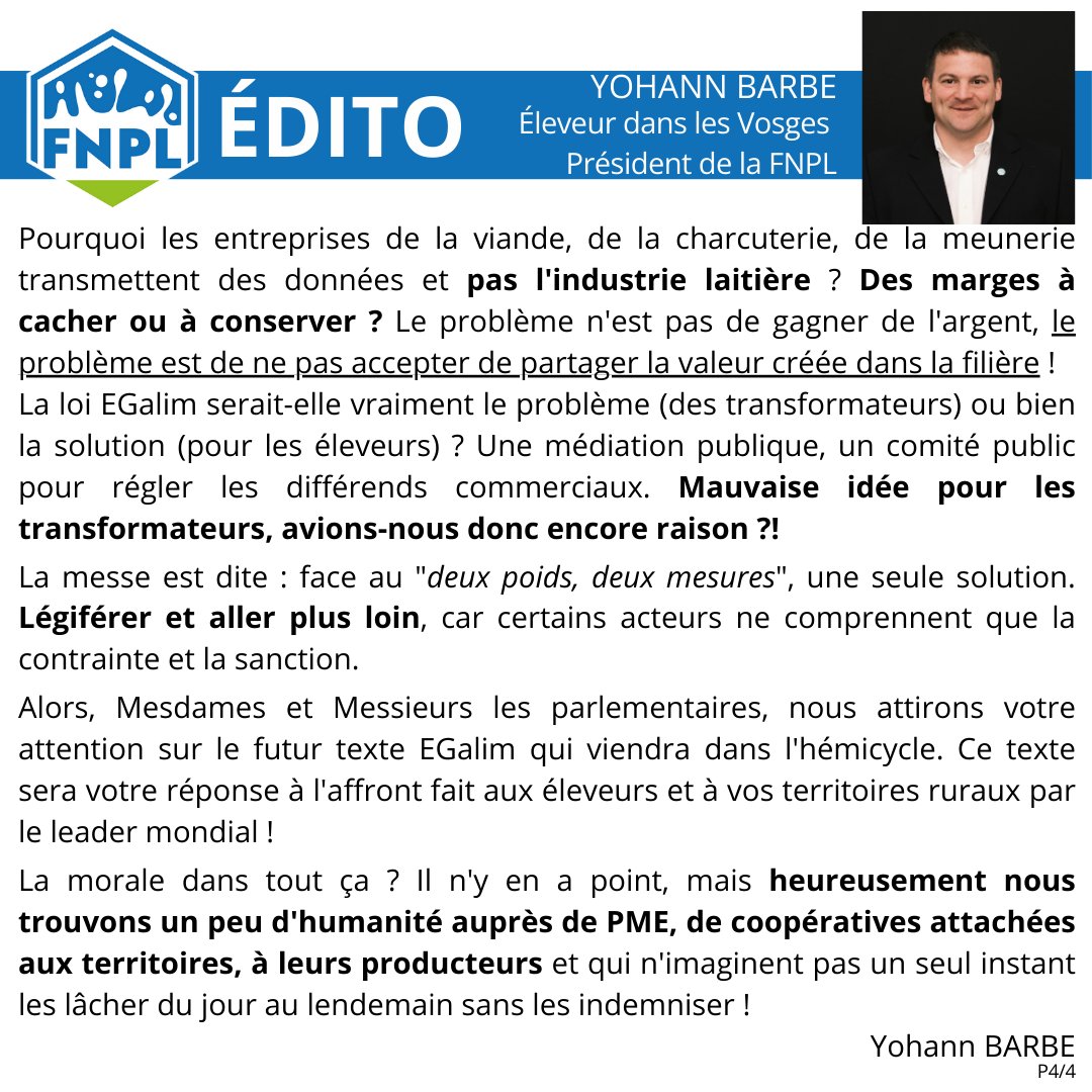 La filière laitière : deux poids, deux mesures ?
 L'édito de <a href="/yohannbarbe/">Yohann Barbe</a>, président de la FNPL. 
#CeuxQuiFontLeLait