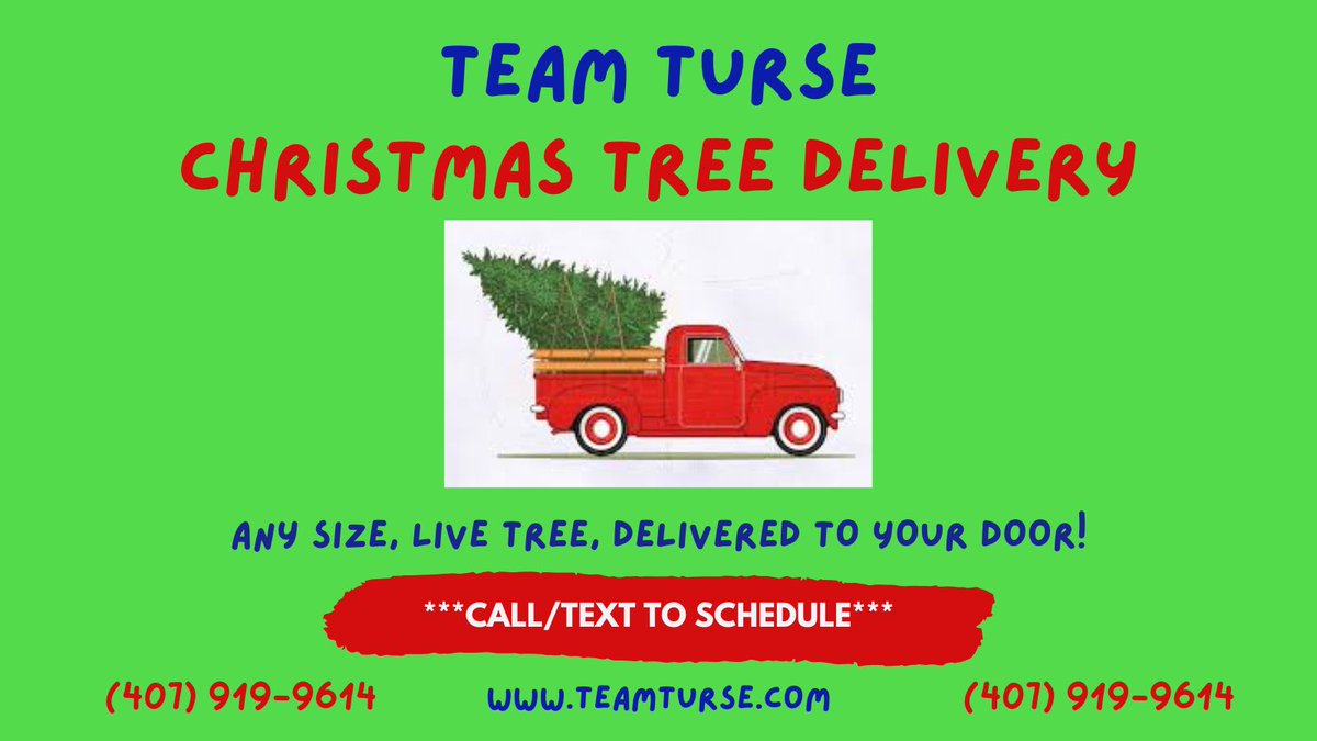 Team Turse Youth Athletics (@teamturse) on Twitter photo Charlotte Friends & Family:
Team Turse is delivering Christmas Trees!
π² π²π²π²π²π²
Donβt scratch your vehicle!
π²π²π²
Prices based on location.
Thank you for your support, please share with your friends & neighbors.
Merry Christmas!
- Team Turse
407.919.9614
π πππππ Charlotte Friends & Family:
Team Turse is delivering Christmas Trees!
π² π²π²π²π²π²
Donβt scratch your vehicle!
π²π²π²
Prices based on location.
Thank you for your support, please share with your friends & neighbors.
Merry Christmas!
- Team Turse
407.919.9614
π πππππ