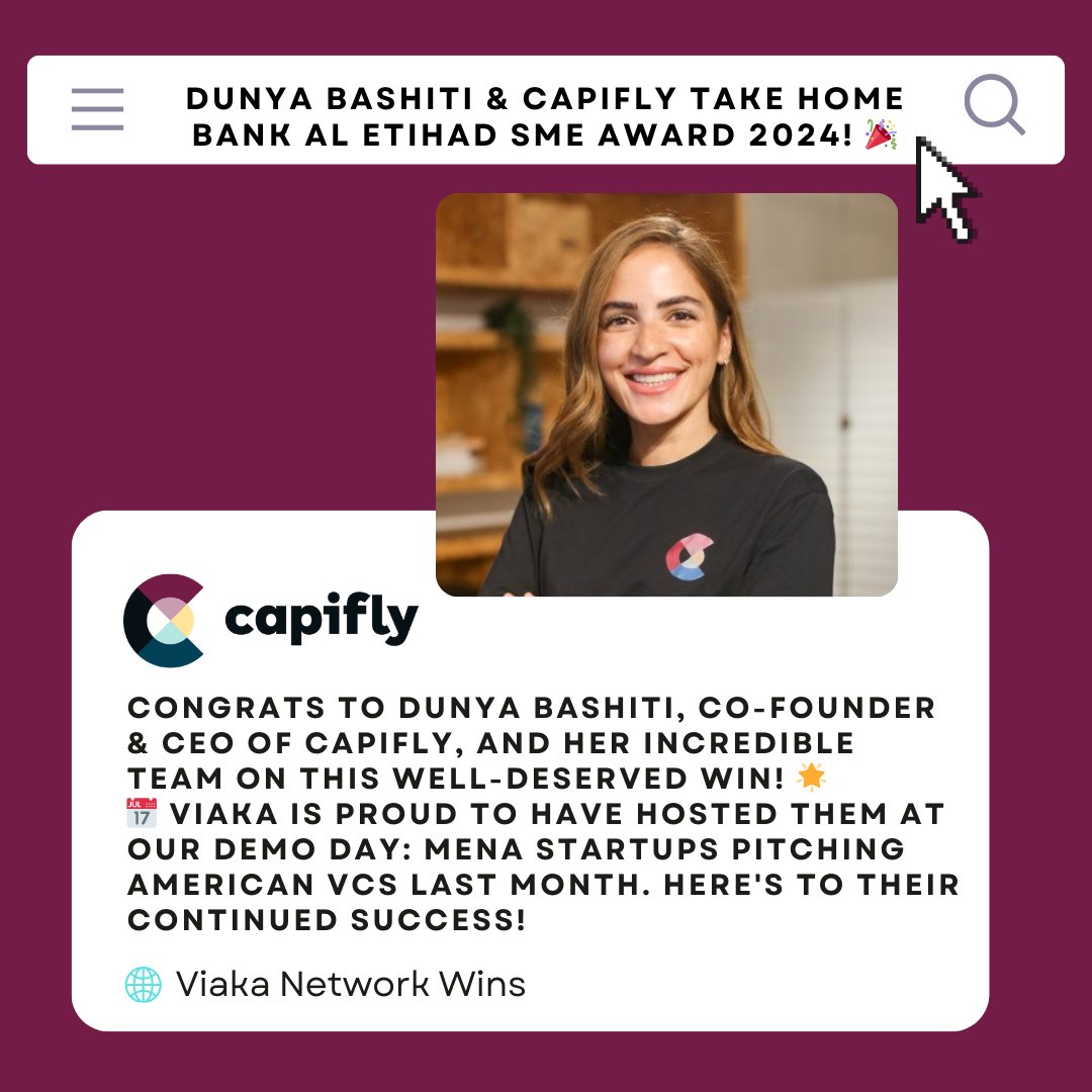 Viaka (@viaka16) on Twitter photo Double the celebrations at Viaka!๐
๐#Capifly (Dunya Bashiti) wins the Bank al Etihad #SME Award 2024 for its incredible work in the #MENA #startup ecosystem
๐<a href="/adigitaldigest/">digitaldigest</a> (<a href="/__racha/">racha ghamlouch</a> & <a href="/FarahNakouzi/">Farah</a> surpasses 6,000 subscribers, delivering top #Digital economy insights) Double the celebrations at Viaka!๐
๐#Capifly (Dunya Bashiti) wins the Bank al Etihad #SME Award 2024 for its incredible work in the #MENA #startup ecosystem
๐<a href="/adigitaldigest/">digitaldigest</a> (<a href="/__racha/">racha ghamlouch</a> & <a href="/FarahNakouzi/">Farah</a> surpasses 6,000 subscribers, delivering top #Digital economy insights)