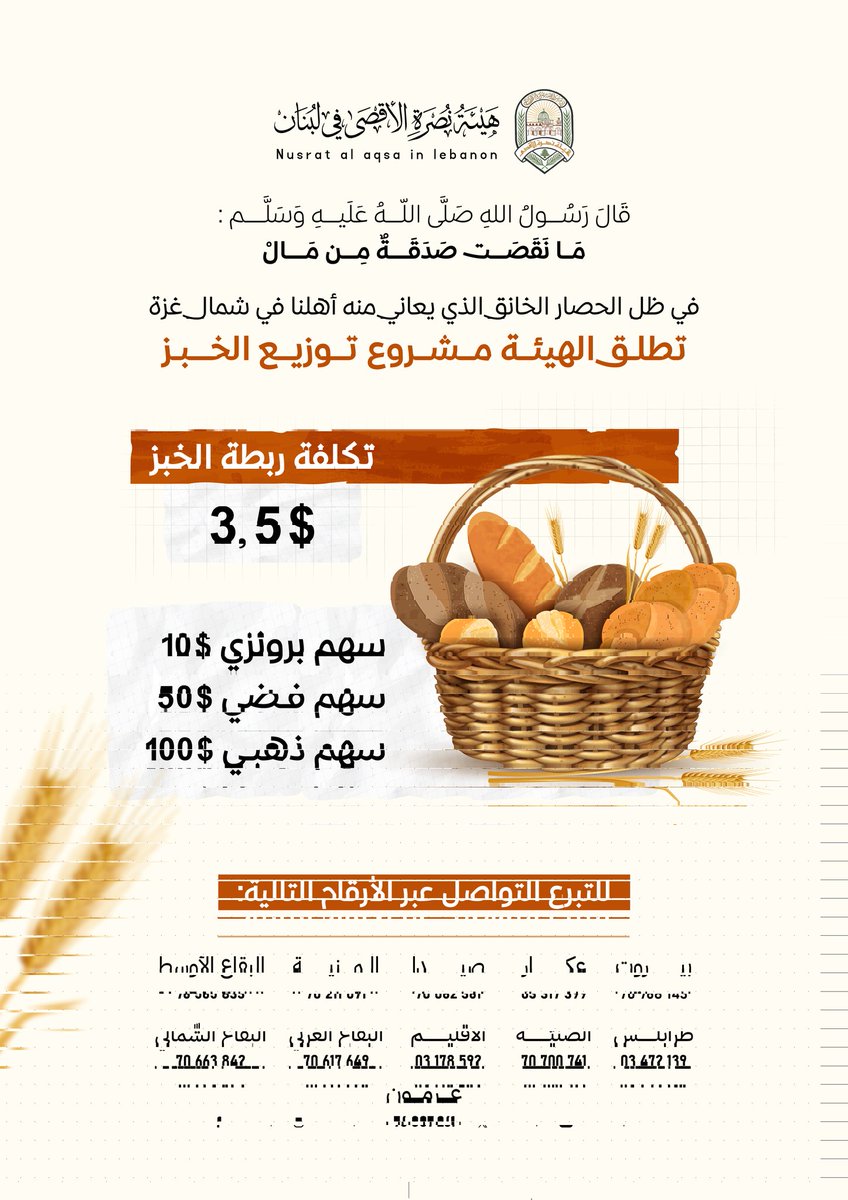 في ظلّ الحصار الخانق الذي يعاني منه أهلنا في "شمال غزّة"، تُطلق هيئة نصرة الأقصى مشروع "توزيع الخبز" على المحاصرين في شمال قطاع غزة .
تكلفة ربطة الخبز 3,5 $🥖🍞
▪️سهم برونزي 10 $ 
▪️سهم فضي 50 $
▪️سهم ذهبي 100 $
للمساهمة، التّواصل عبر الأرقام التّالية الموجودة في الأسفل👇