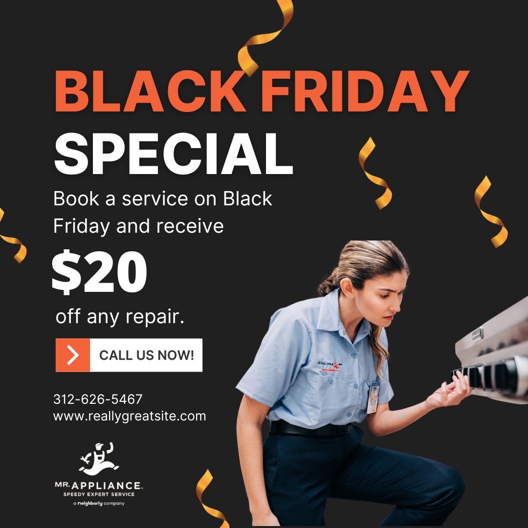 MRAWestloop's tweet photo. 🎉 Black Friday Special! 🎉

This Black Friday, treat your home to the care it deserves! Book a service with us and enjoy $20 off any repair. Whether it’s a fridge, oven, or washer, we’ve got you covered. Don’t wait—call us now to lock in your savings!... https://t.co/Lgosz7HROe
