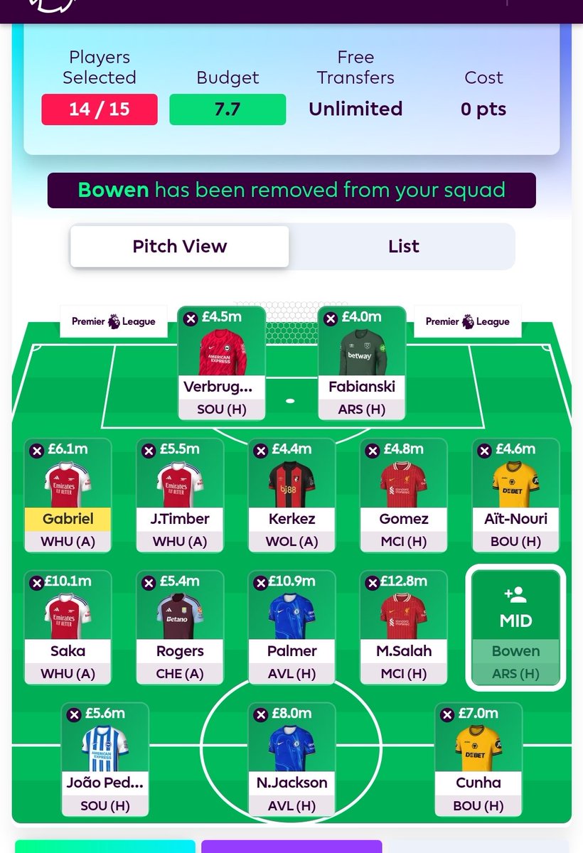 #WC #GW13
Został ostatni slot i mam problem. Bowen mi się średnio podoba long. Ktoś z pomocy Spurs? Maddi nie pewny składu? Ktoś  inny?