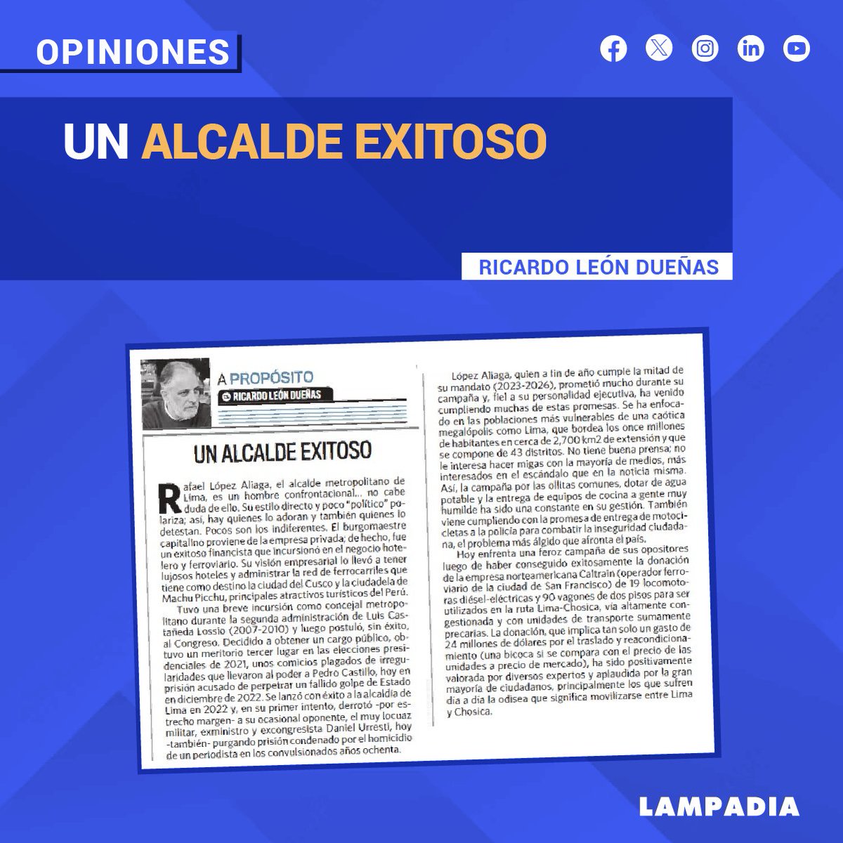 Un alcalde exitoso
Ricardo León Dueñas
Ver opinión: tinyurl.com/ycc43c6j