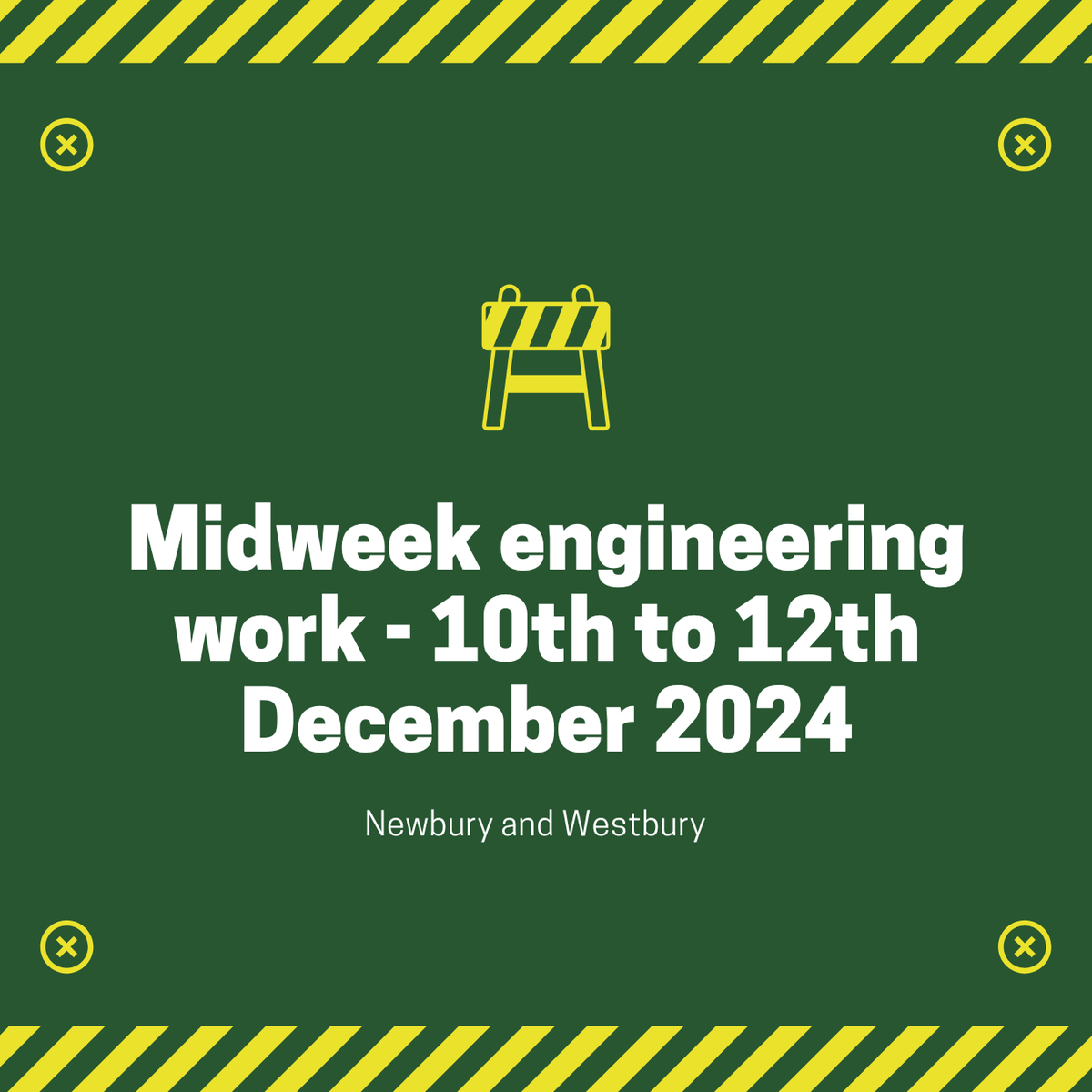 Engineering work between Newbury and Westbury from Tuesday 10th to Thursday 12th December will again mean disruption for Wiltshire passengers. 💚💛 Find out more at transwilts.org/2024/11/29/mid…. #WiltsByTrain #Newbury #Westbury #Wiltshire #Wilts