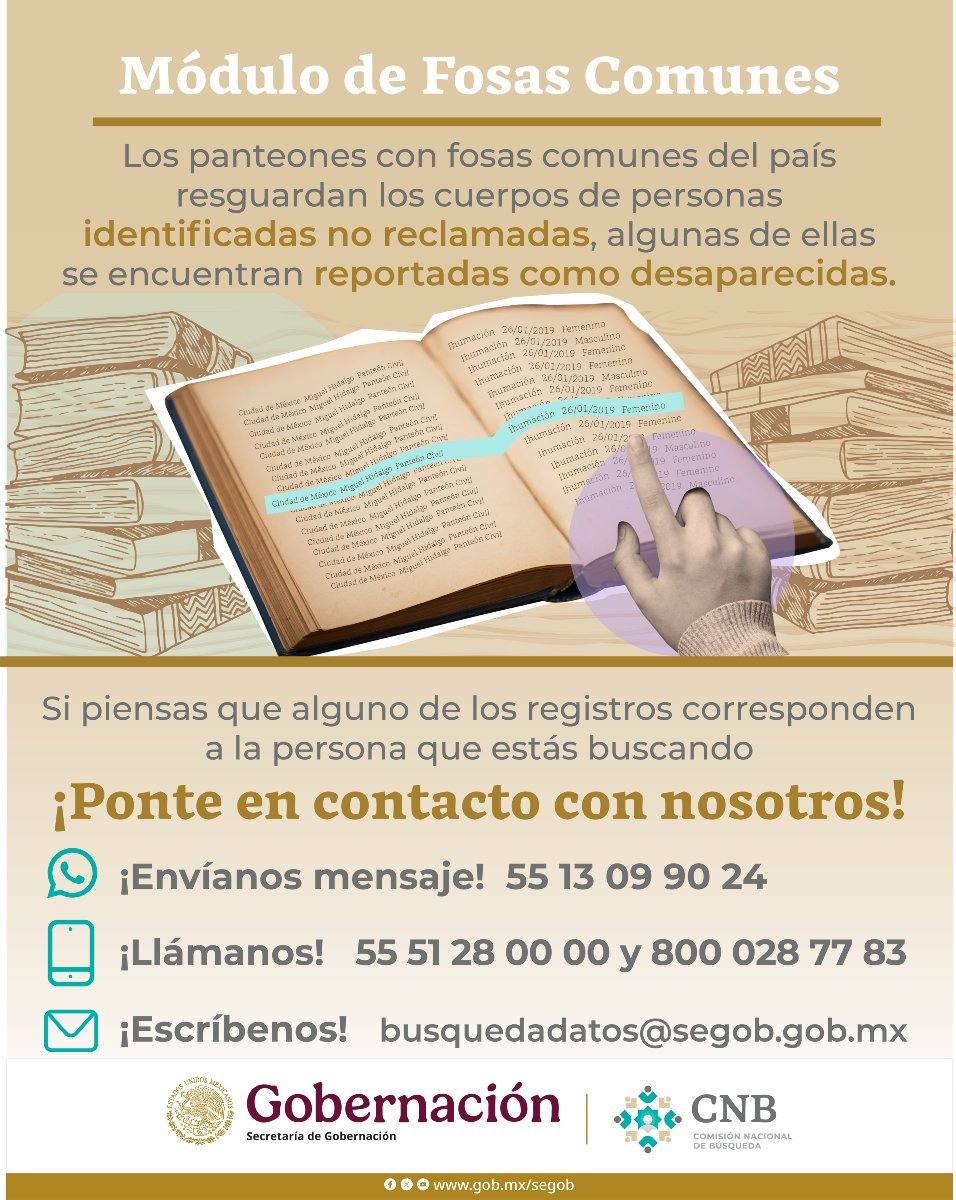 Busqueda_MX's tweet image. Las #FosasComunes en cementerios del país guardan cuerpos no identificados y personas identificadas pero no reclamadas, algunas desaparecidas.

Si buscas a un ser querido, revisa el Módulo de Fosas Comunes, actualizado en mayo de 2024, en este enlace: bit.ly/4bAL8R0