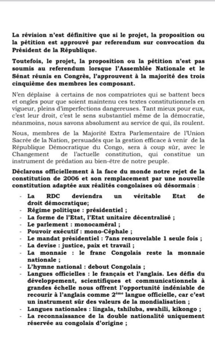 afrikarabia's tweet photo. #RDC La majorité extraparlementaire de @SylvainMutombo3 propose de modifier 150 articles de la  #Constitution :
▶️Régime présidentiel et mandat de 7 ans,
▶️Présidentielle à 2 tours,
 ▶️Suppression du Sénat et des Assemblées provinciales,
▶️Intégration de la Loi #Tshiani… https://t.co/TueY0nvkNs