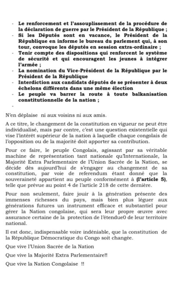 afrikarabia's tweet photo. #RDC La majorité extraparlementaire de @SylvainMutombo3 propose de modifier 150 articles de la  #Constitution :
▶️Régime présidentiel et mandat de 7 ans,
▶️Présidentielle à 2 tours,
 ▶️Suppression du Sénat et des Assemblées provinciales,
▶️Intégration de la Loi #Tshiani… https://t.co/TueY0nvkNs