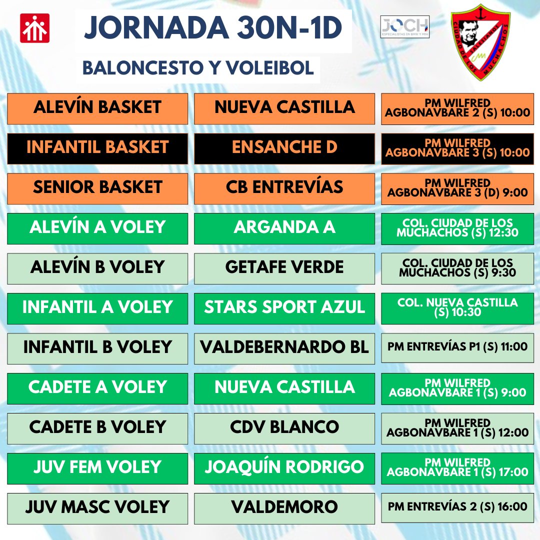 Horarios de la jornada:

Descansa el Infantil ECM pero el resto de equipos disputan una jornada más en busca de nuevos triunfos. ¡¡Vamos!!

#123Ciudad💙🤍