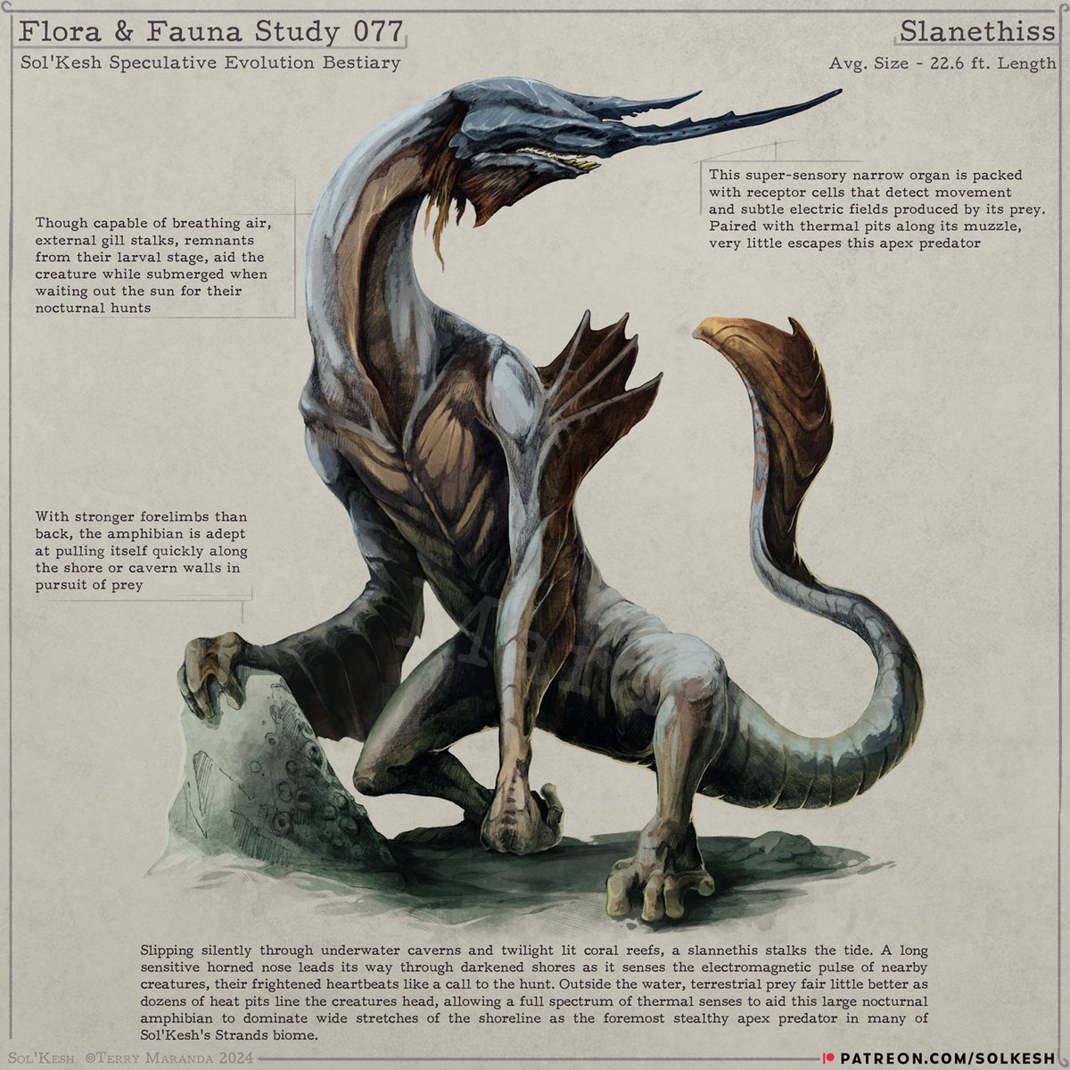The apex predator of the coast, the slanethiss is distantly  evolved from olms, grown to large sizes to dominate above the coast and below the waves, stealthily stalking prey in the cover of  night's darkness

#dnd5e #art #dungeonsanddragons #dnd #RPG #creaturedesign #dndhomebrew