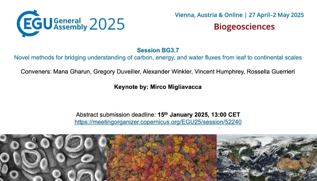 Mana Gharun (@managharun) on Twitter photo 🌍✨ Submit your abstracts to our #EGU25 session "Novel methods for bridging understanding of carbon, energy, and water fluxes from leaf to continental scales" 🚀
📣 Keynote by: Mirco Migliavacca
🔗 meetingorganizer.copernicus.org/EGU25/sessio...
🗓️ Deadline: 15 Jan 2025
<a href="/ICOS_RI/">ICOS RI</a> <a href="/CA_Cleanforest/">CLEANFOREST COST Action</a> 🌍✨ Submit your abstracts to our #EGU25 session "Novel methods for bridging understanding of carbon, energy, and water fluxes from leaf to continental scales" 🚀
📣 Keynote by: Mirco Migliavacca
🔗 meetingorganizer.copernicus.org/EGU25/sessio...
🗓️ Deadline: 15 Jan 2025
<a href="/ICOS_RI/">ICOS RI</a> <a href="/CA_Cleanforest/">CLEANFOREST COST Action</a>