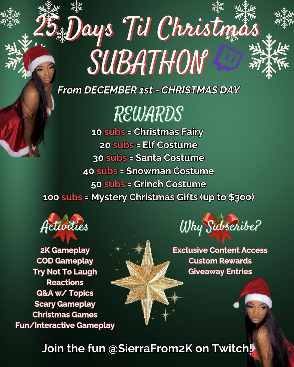 It’s the 🎄25 Days ‘Til Christmas Subathon! 🎄From December 1st to Christmas Day, join me on Twitch for non-stop fun, games, and holiday cheer! 🎁 

There’ll be exciting activities, awesome rewards, and plenty of surprises along the way. Don’t miss out—tune in to <a href="/SierraFrom2K/">Si</a> on