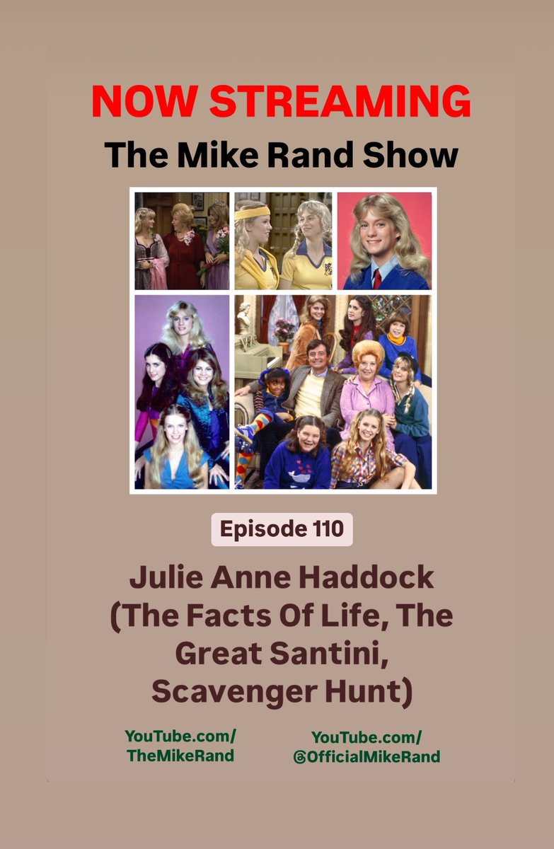 mikerandcom's tweet photo. Episode 110 of #TheMikeRandShow is out now on #YouTube with an #exclusive first-ever #podcast #interview for #TheFactsOfLife star #JulieAnneHaddock who played #CindyWebster!!! #80s #Sitcoms #TheGreatSantini #ScavengerHunt #LittleHouseOnThePrairie #OfficialMikeRand #MikeRand https://t.co/ibu6Az32zR