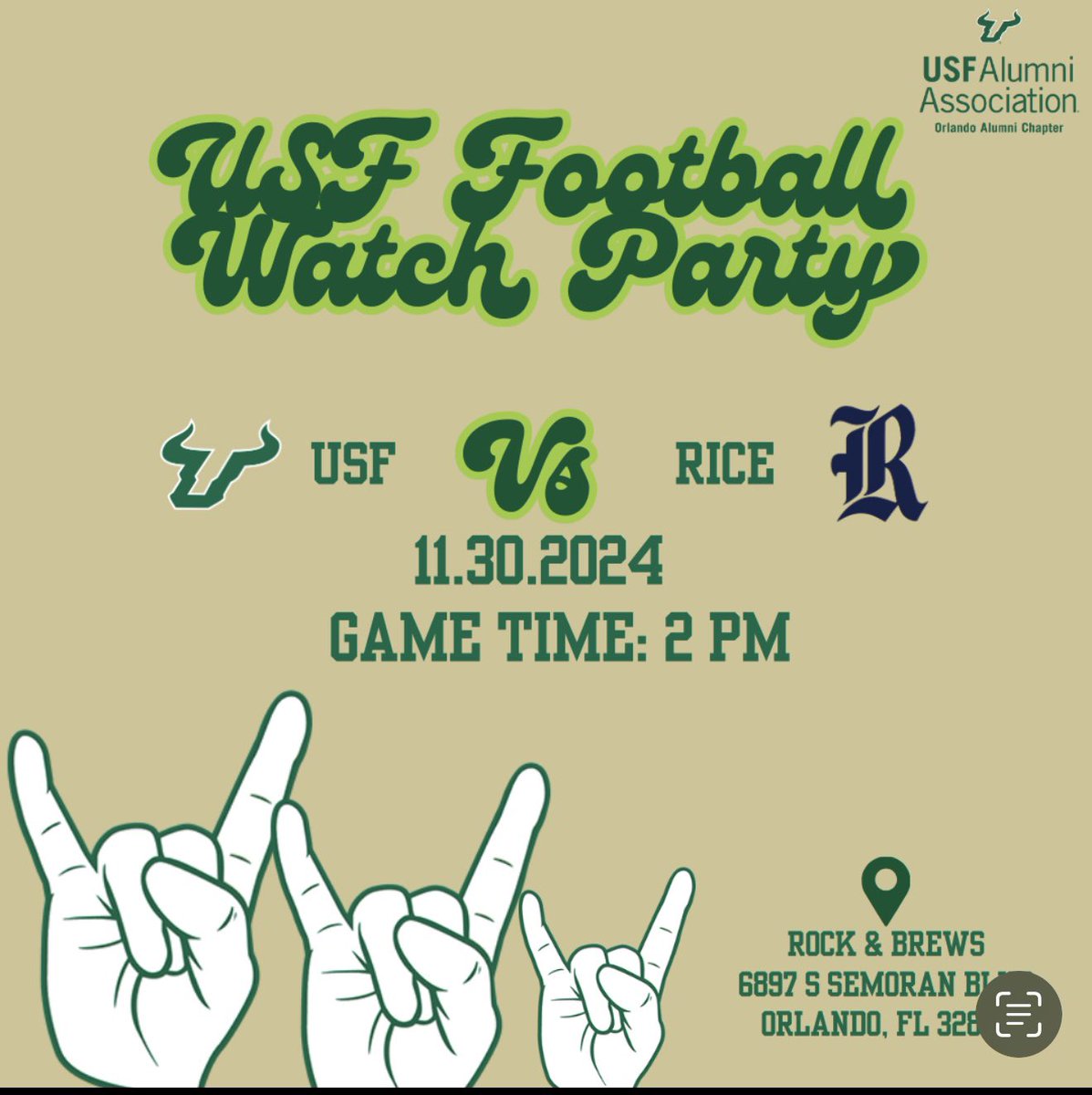 Come out Saturday to Rock &amp; Brews Orlando to cheer on your Bulls as they take on  Rice #LetsGoBulls #Beatrice 💚💛🤘🏽💚💛

Details: 
🗓️Saturday, 11/30
⏱️2:00PM ET
📍Rock &amp; Brews (6897 S Semoran Blvd, Orlando, FL)
-20% of all sales are donated back to the Orlando Chapter