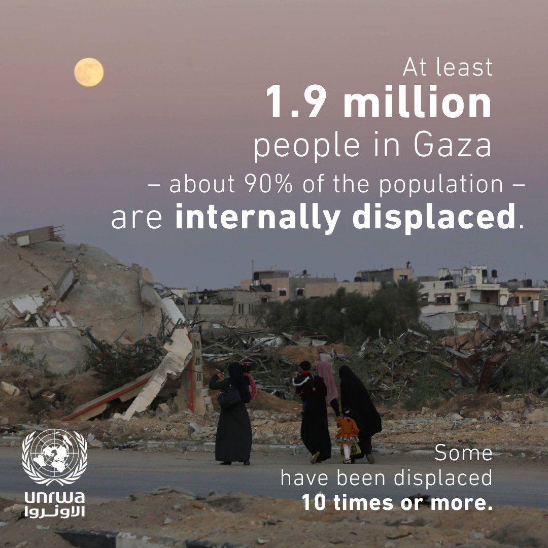 UN's tweet photo. At least 1.9 million people in Gaza —about 90% of the population— have been displaced, some as many as ten times.

Countless lives hang in the balance.

As an indispensable lifeline for millions, @UNRWA continues to provide support, but what’s urgently needed is peace. https://t.co/uu93qbxEUz