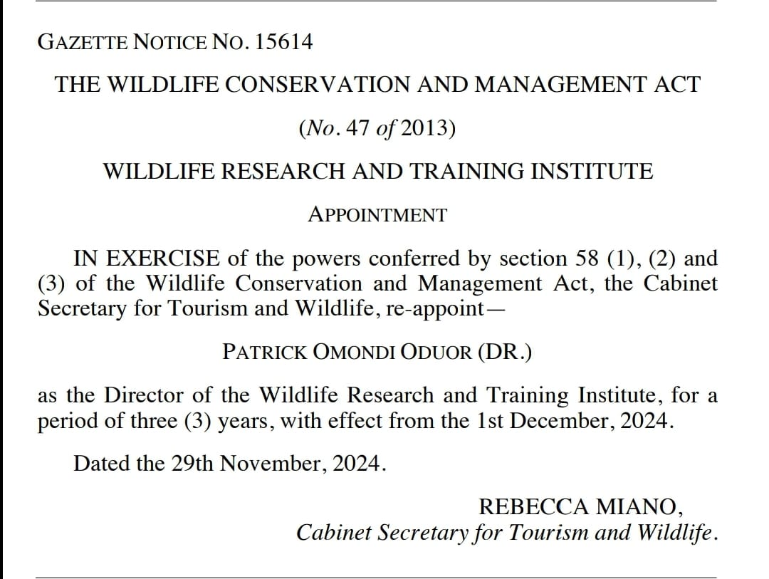WRTIKenya's tweet photo. The Board of the Institute,  Management, Staff, and Students of the Wildlife Research and Training Institute extend warm congratulations to our Director/CEO Dr Patrick Omondi on his reappointment for a second three-year term. 

This is a testament to his visionary leadership, unwavering dedication, and outstanding contributions to the growth and success of the Institute. 

Dr. Omondi has exemplified excellence in nurturing the growth of the Institute and steering it towards achieving its mandate of advancing wildlife research and training impacting not only our country but the global community.

We are grateful to Cabinet Secretary, Ministry of Tourism and Wildlife, Hon. Rebecca Miano, EGH, for her confidence in Dr Omondi’s leadership and the continued support granted to the Institute assuring our continued growth. In particular with the alignment of the Institute’s mandate with BETA.

Together, we look forward to achieving even more transformative results that will reinforce our commitment to wildlife research and capacity building for a sustainable future.