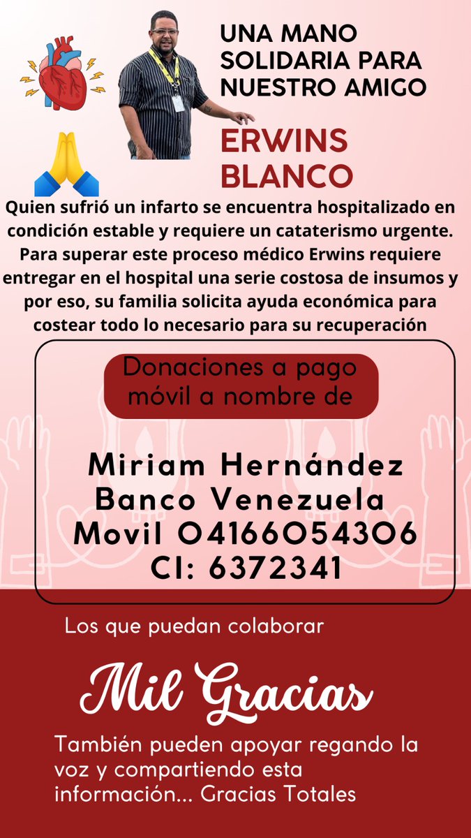 #ServicioPublico Erwins Blanco sufrió un infarto y necesita de nuestra ayuda.

Requiere un cateterismo urgente y su familia solicita ayuda económica para costear su recuperación #AyudanosASalvarlo

También puedes donar aquí: gofund.me/68caeeb3