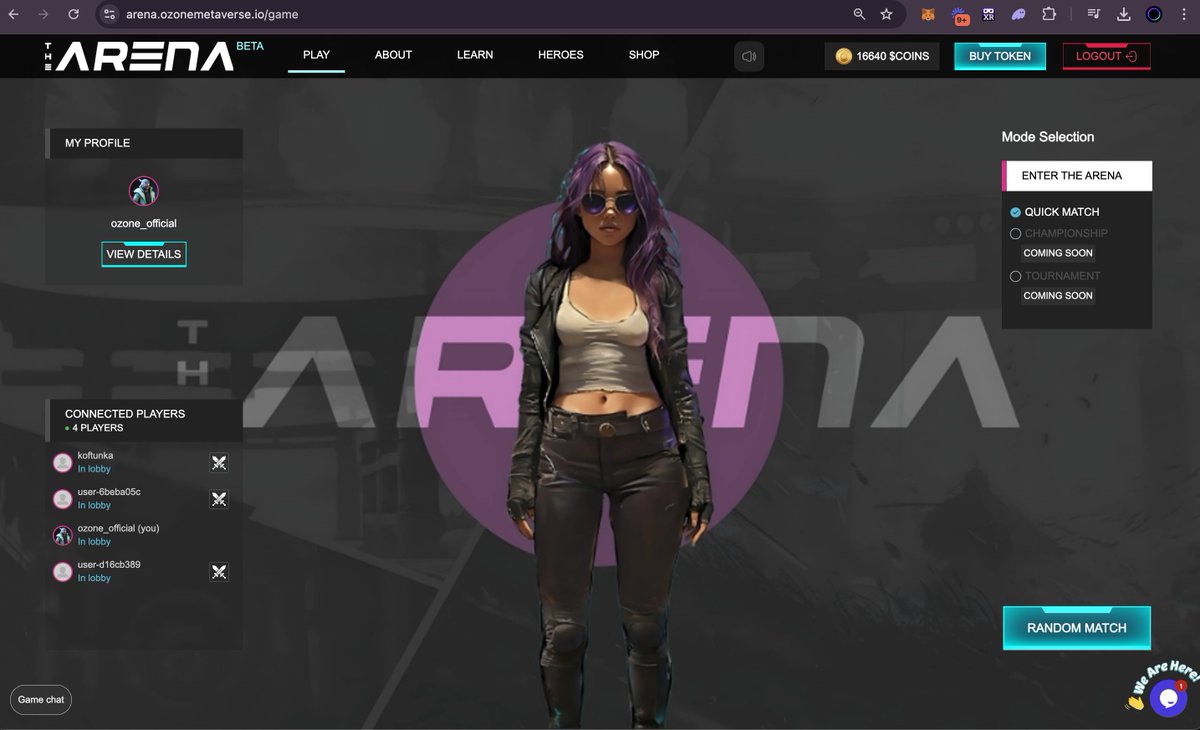 In the lobby - you can direct invite a player OR enter the RANDOM MATCH where you can be matche random with other players who want the RANDOM MATCH.

While you wait for RANDOM MATCH —> you can still invite others to FIGHT
arena.ozonemetaverse.io