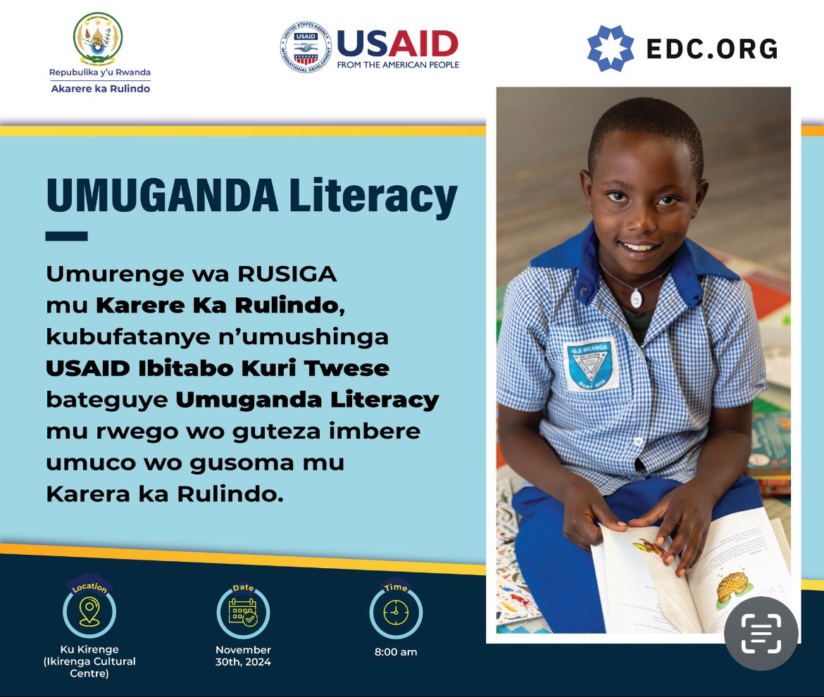 Tomorrow you are invited for this amazing event "Umuganda Literacy"
Venue: Ikirenga Cultural Centre
<a href="/iccrulindo/">VISIT ICC Rulindo AT KIRENGE</a> <a href="/rulindodistrict/">Rulindo District</a> <a href="/RwandaNorth/">Northern Province/ Rwanda</a>  <a href="/USAID_IKT/">USAID-Ibitabo Kuri Twese</a> 
Tuwimakaze umuco wo gusoma duhereye ku bakiri bato.