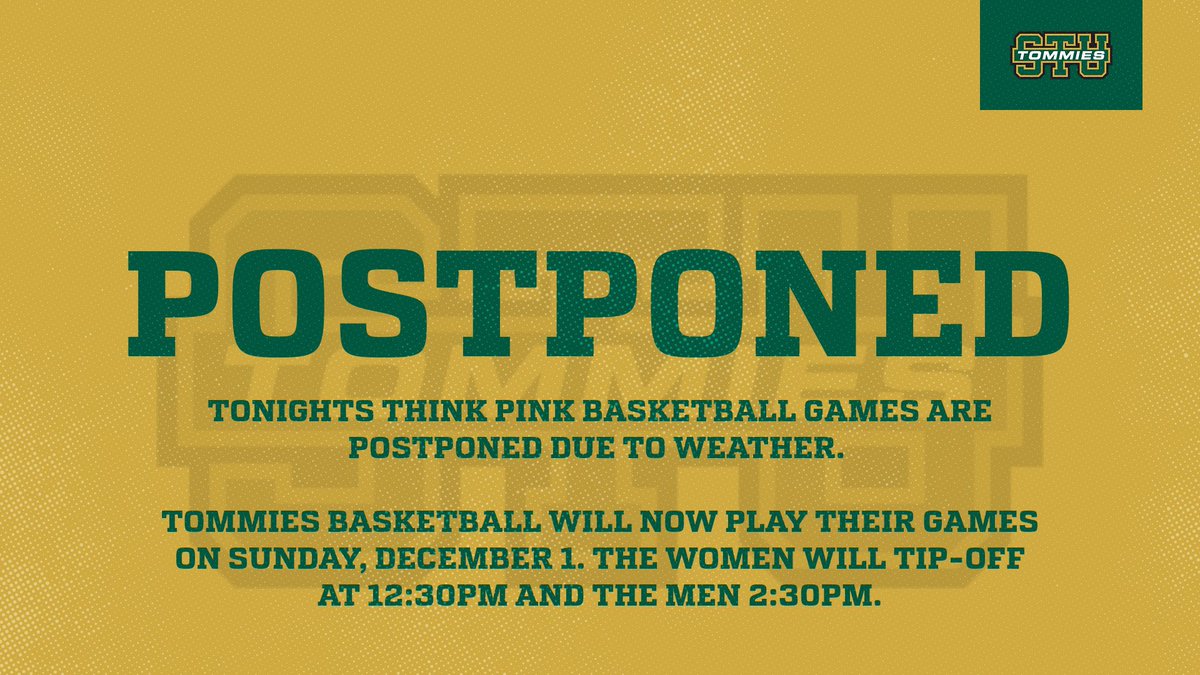 🚨Attention🚨

Our Tommies Think Pink Basketball games are postponed until Sunday, December 1 at 12:30pm and 2:30pm. See you at the LB Gym on Sunday afternoon. 

#GoTommies