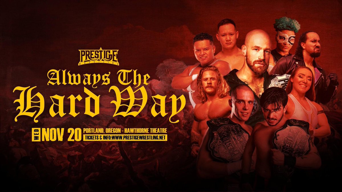 WrestlePrestige's tweet photo. ***FREE FULL SHOW PREMIERE***

#AlwaysTheHardWay premieres tonight at 5:00 PM pacific time!

Featuring Sinner &amp; Saint, AMIRA, Jaiden, C4, Alpha Zo, Matt Brannigan, ETHAN HD, Midnight Heat &amp; much more 

Make sure to watch along with us!

Stream link: https://t.co/HcEIwkWGeI https://t.co/HEGuT95CRq