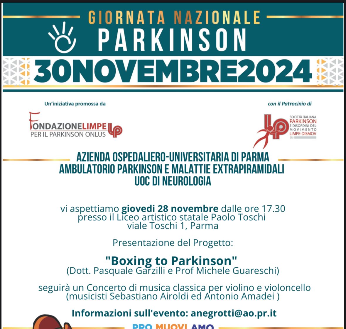 “Boxing To Parkinson”: a Parma il primo corso di boxe per “pazienti/atleti” affetti dal Parkinson

In occasione della Giornata Nazionale del Parkinson 2024, prevista il 30 novembre e promossa da Fondazione Limpe per il Parkinson Onlus e Accademia Limpe-Dismov, il Liceo Artistico