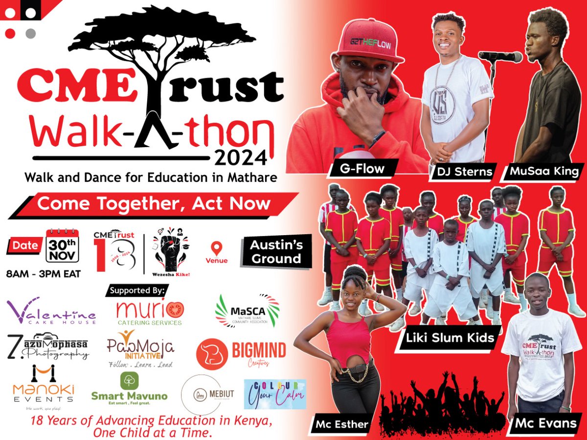 CMETrust's tweet photo. The annual CMETrust "Walk &amp; Dance for Education in Mathare" Walk-A-Thon is on tomorrow, Saturday, 30th Nov.

Come, let's celebrate the transformative power of education &amp; help in the fight against GBV. Check poster for details:

#CMETWalk2024 #WezeshaKike #16daysofactivism2024 https://t.co/xqYIVoy0pz