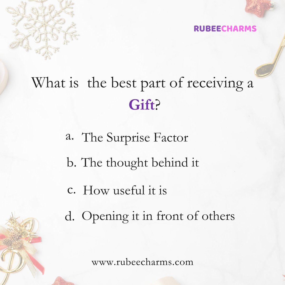 Rubeecharms's tweet photo. What's the best part of receiving a gift?😊

It's how useful the gift is for me.🤗 What's yours?

#giftlovers
#giftingquiz https://t.co/xKOsDUjBwa