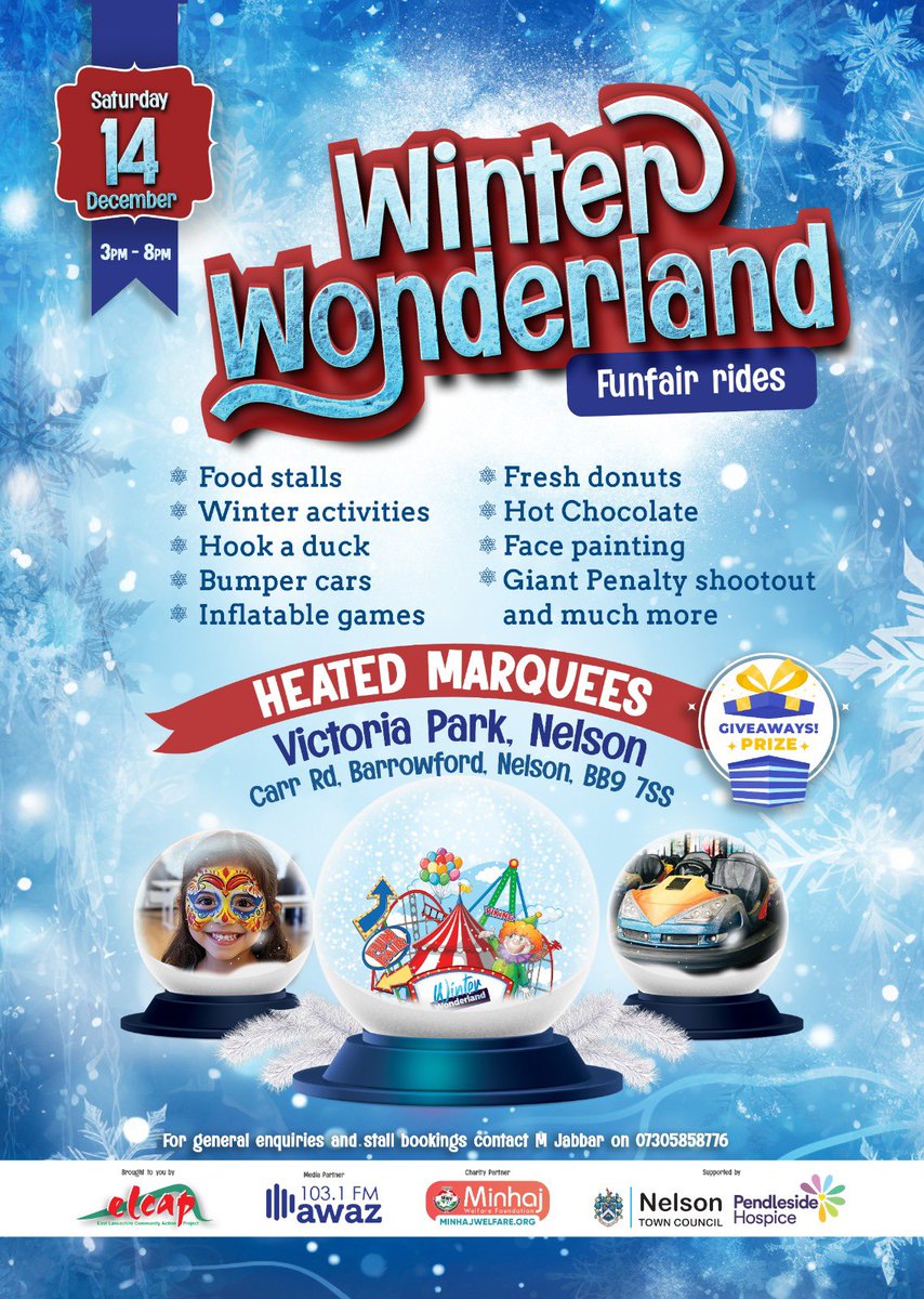 PCR - Awaz 103.1FM (@pendleradio103) on Twitter photo East Lancashire Community Action Project Ltd & <a href="/pendleradio103/">PCR - Awaz 103.1FM</a> presents the ‘Winter Wonderland’ in Nelson on Sat 14th Dec 2024 from 3pm till 8pm. There will be activities, games, rides, stalls, prizes & so much more for all ages <a href="/NelsonTCouncil/">Nelson Town Council</a> <a href="/minhajwelfare/">Minhaj Welfare</a> <a href="/PendlesideHosp/">Pendleside Hospice</a> East Lancashire Community Action Project Ltd & <a href="/pendleradio103/">PCR - Awaz 103.1FM</a> presents the ‘Winter Wonderland’ in Nelson on Sat 14th Dec 2024 from 3pm till 8pm. There will be activities, games, rides, stalls, prizes & so much more for all ages <a href="/NelsonTCouncil/">Nelson Town Council</a> <a href="/minhajwelfare/">Minhaj Welfare</a> <a href="/PendlesideHosp/">Pendleside Hospice</a>