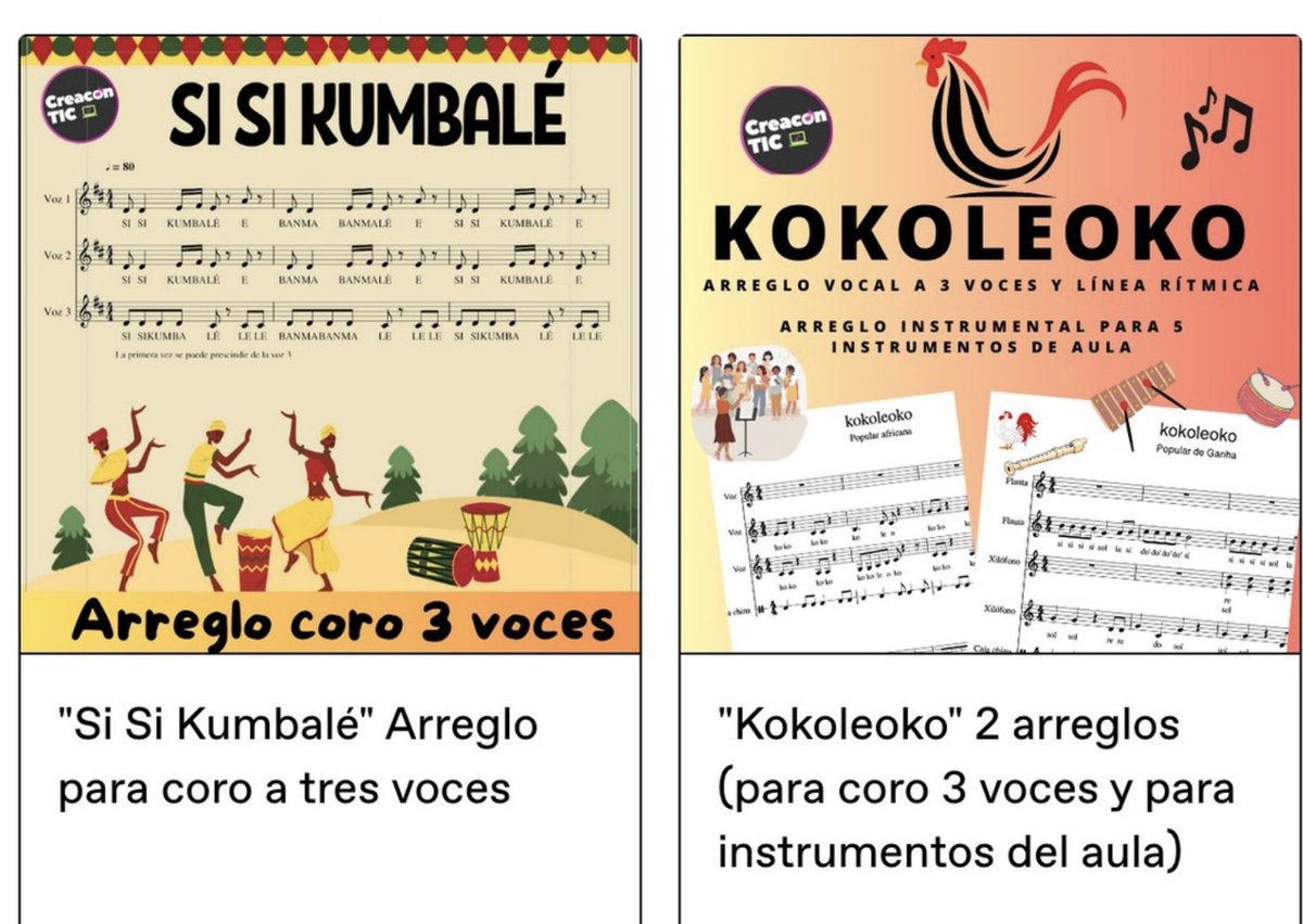 Aunque estamos en temporada pre-navideña, hemos publicado estas dos canciones africanas en nuestra tienda online de recursos musicales CreaconTIC . Kokoleoko, arreglo para instrumentos y otro arreglo para 3 voces , y Si Si Kumbalé para tres voces ;-)   mariajesusmusica.gumroad.com/?section=J5eOI…