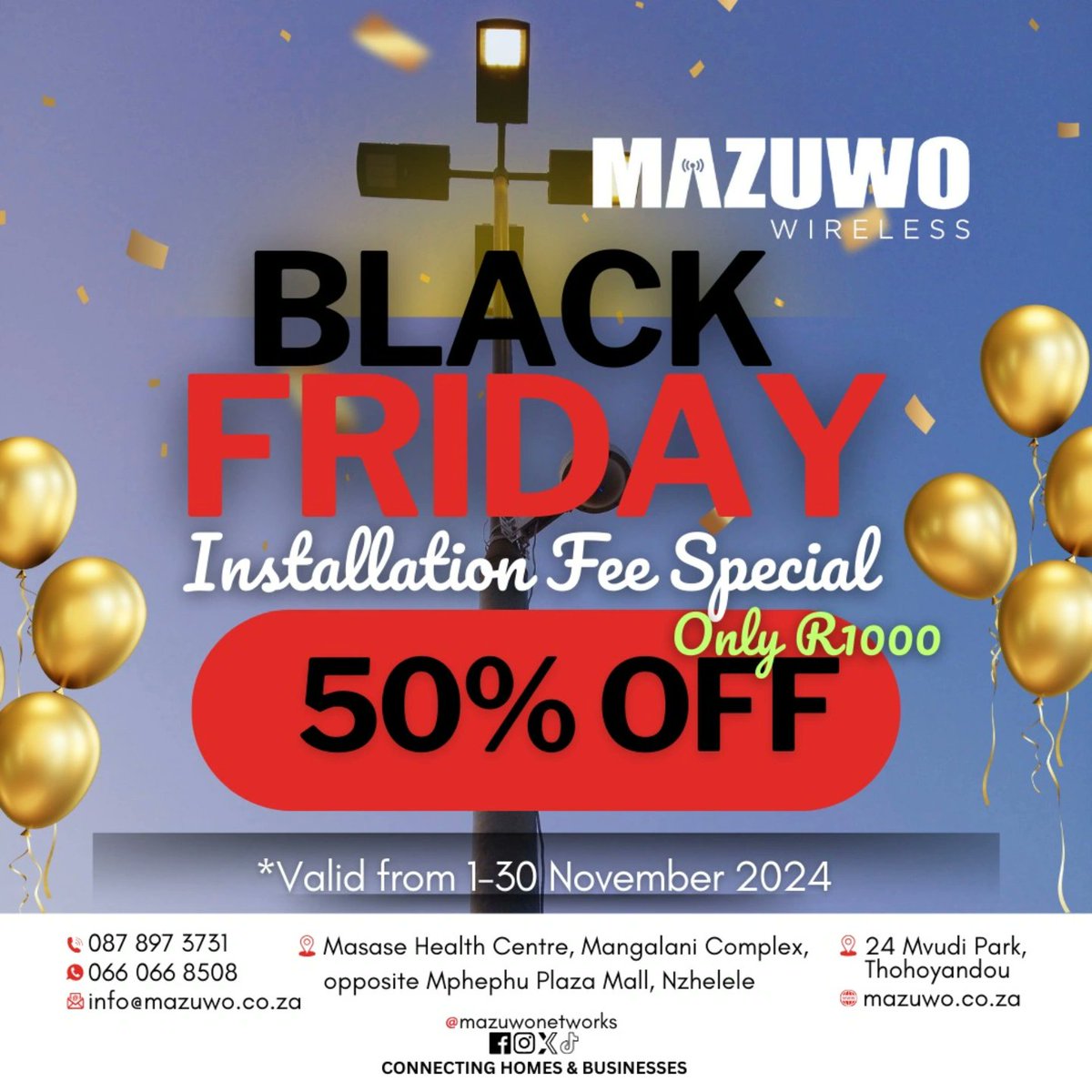 Only a few hours to our deadline! Get connected now! 📶📡✨

#BlackFridaySpecial #blackfridaydeals #Mazuwospecial #StayConnected #LimitedTimeOffer #ReliableWifi #Vhembe #mazuwonetworks #connectivity