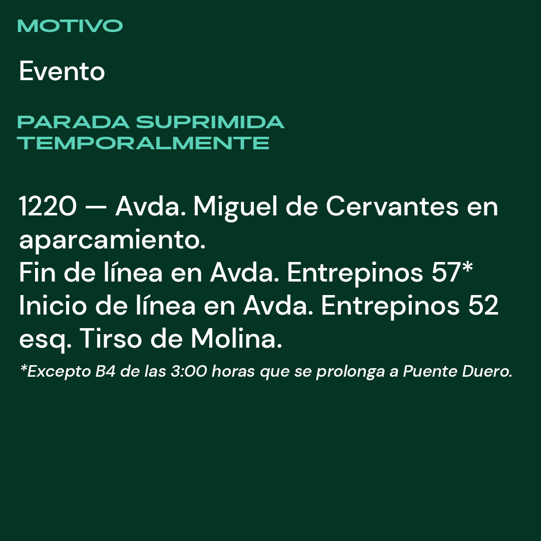 AuvasaVLL's tweet photo. ⛔ Previsión de corte en #Entrepinos @AytoSimancas
📅 A partir de mañana, viernes 13 de diciembre
🚍 Líneas afectadas: 5 y B4
❌🚏 Avda. Miguel de Cervantes en aparcamiento
🚏 Fin de línea en: Avda. Entrepinos 57
🚏 Inicio de línea en: Avda. Entrepinos 52 esq. Tirso de Molina https://t.co/faQC4F95Sh