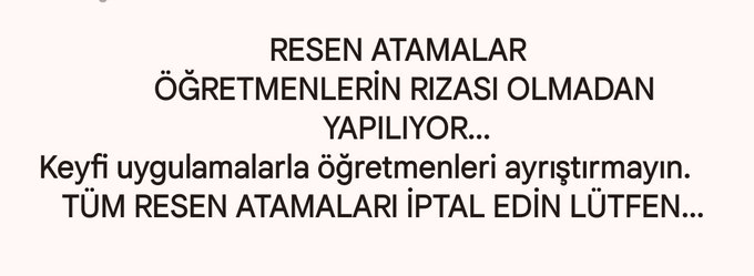 <a href="/oguzozat/">Oğuz ÖZAT</a> Norm fazlası öğretmenlere resen atama yapılıyor bütün düzenimiz alt üst oldu.

Kadrolu Sözleşmeli,İl içi İl dışı RESENE HAYIR 💥 <a href="/Yusuf__Tekin/">Yusuf Tekin</a> <a href="/tcmeb/">Millî Eğitim Bakanlığı</a> <a href="/RTErdogan/">Recep Tayyip Erdoğan</a> <a href="/MahinurOzdemir/">Mahinur Özdemir Göktaş</a>

#ResenAtamaİptalEdilsin