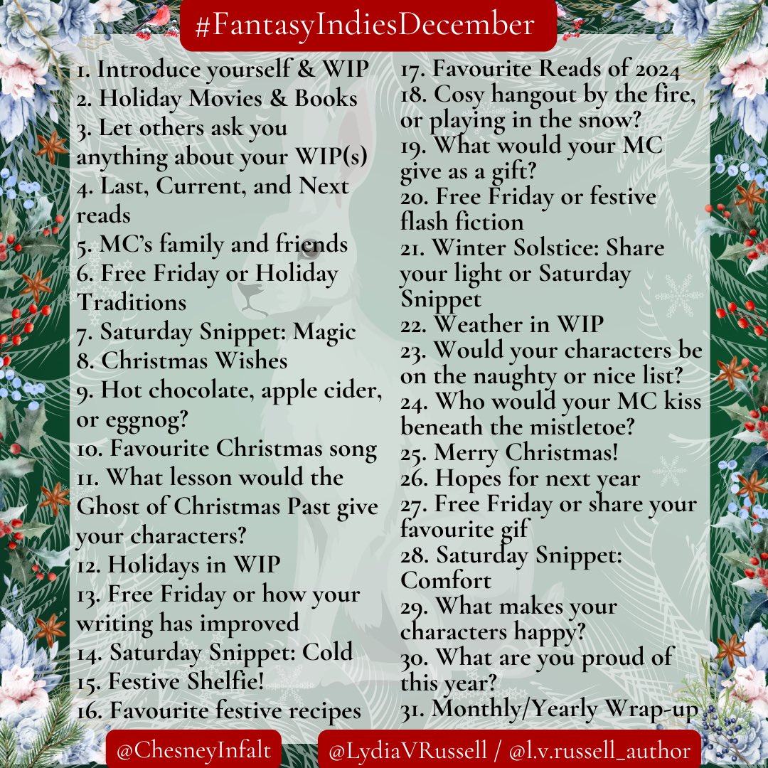Fantasy Indies (@fantasyindies) on Twitter photo ๐ #FantasyIndiesDecember ๐
All genres welcome! You can use the prompts for WIPs or published books.
Feel free to ask the hosts questions!
Love,
Faeries at Fantasy Indies
<a href="/LydiaVRussell/">Lydia V Russell</a> <a href="/ChesneyInfalt/">Chesney Infalt</a> ๐ #FantasyIndiesDecember ๐
All genres welcome! You can use the prompts for WIPs or published books.
Feel free to ask the hosts questions!
Love,
Faeries at Fantasy Indies
<a href="/LydiaVRussell/">Lydia V Russell</a> <a href="/ChesneyInfalt/">Chesney Infalt</a>