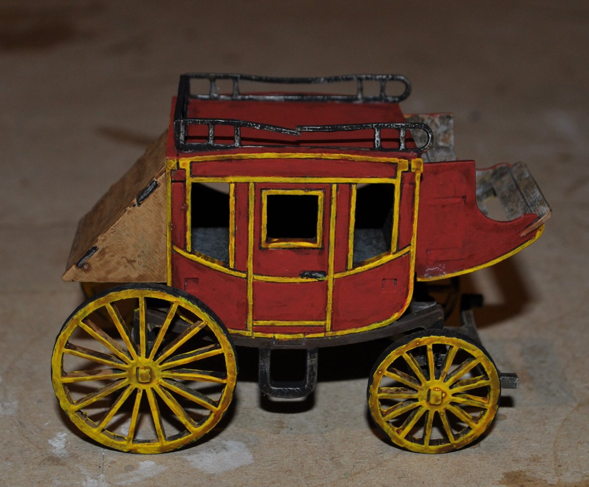 AdamPre53040693's tweet photo. Finished this Sarissa stagecoach for What a Cowboy.  I am going to convert some plastic horses for its team and add some luggage to support the broken luggage rail https://t.co/m9KuQFp2bZ